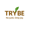 TRYBE logo with a green leaf over the letter "Y" and tagline "No junk. Only joy."