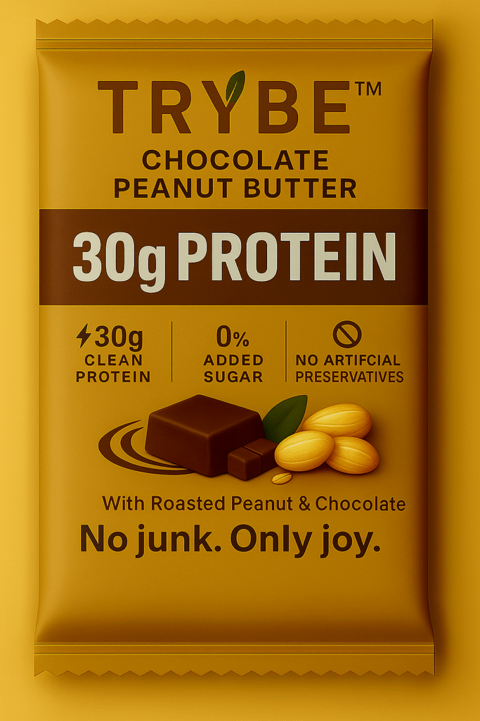 TRYBE Chocolate Peanut Butter protein bar with 30g protein, zero added sugar, and clean ingredients.