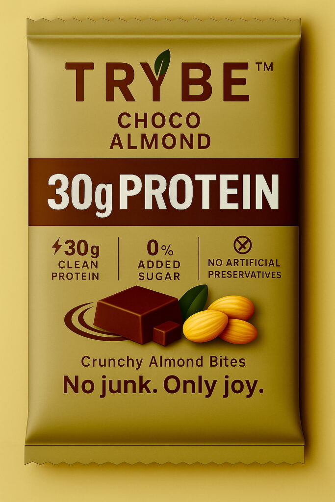 TRYBE Choco Almond protein bar with 30g protein, zero added sugar, and crunchy almond bites.