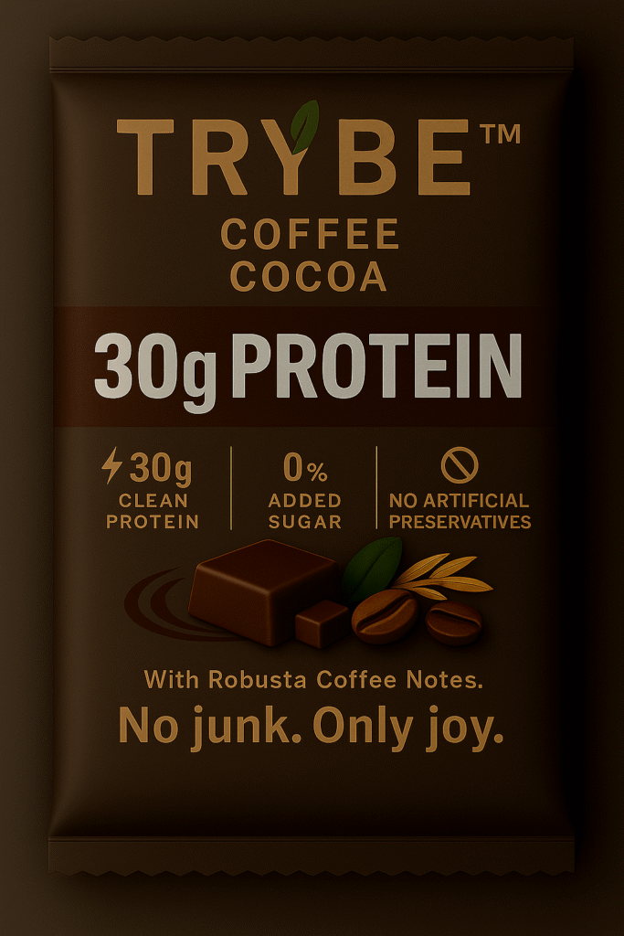TRYBE Coffee Cocoa protein bar with 30g protein, robust coffee notes, and zero added sugar.