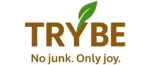 TRYBE logo with a green leaf over the letter "Y" and tagline "No junk. Only joy."