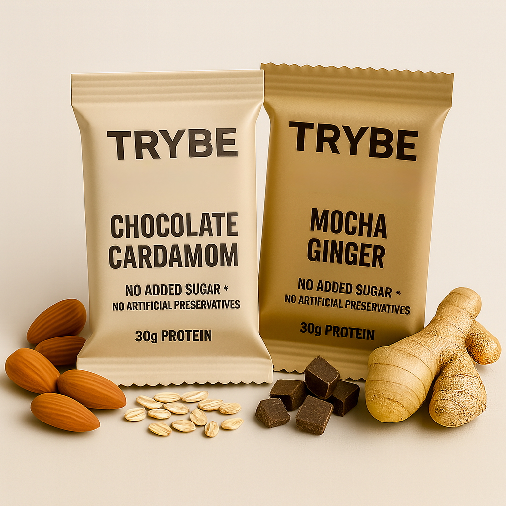 TRYBE Chocolate Cardamom u0026 Mocha Ginger Bars TRYBE protein bars – Chocolate Cardamom and Mocha Ginger variants with natural ingredients like almonds, chocolate, and ginger.